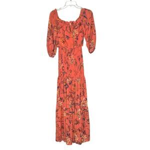 Flying Tomato Wms S Off Shoulder Salmon Floral Maxi Dress Smocked Flounce Bottom